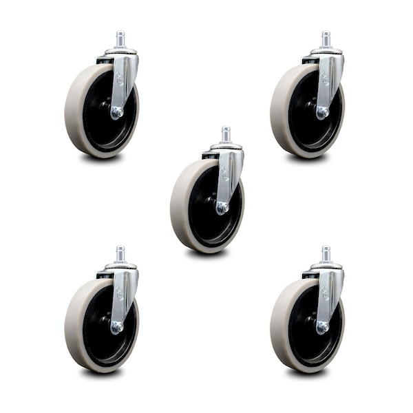 5 Inch Thermoplastic Wheel 7/8 Inch Grip Ring Stem Caster SCC, 5PK